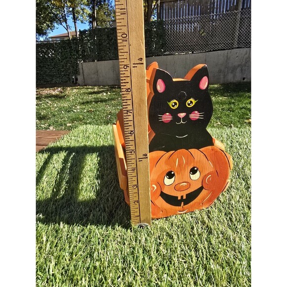 Vtg Halloween Jack O Lantern Black Cat Wooden Basket Planter Double Sided Signed - Picture 3 of 8